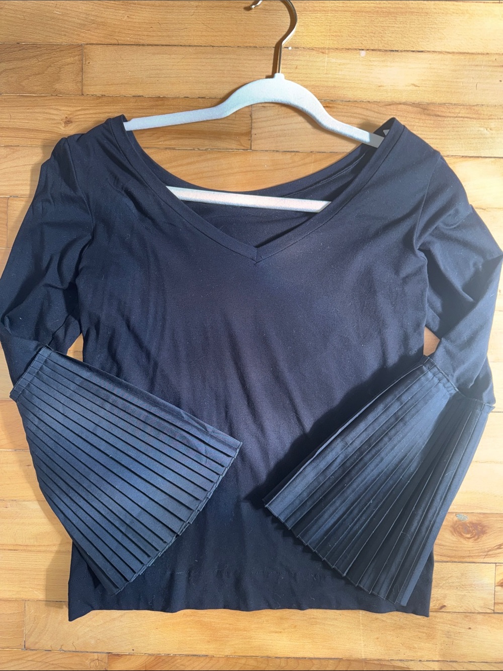 D-Exterior Black V-Neck Top with Pleated Bell Sleeves XS